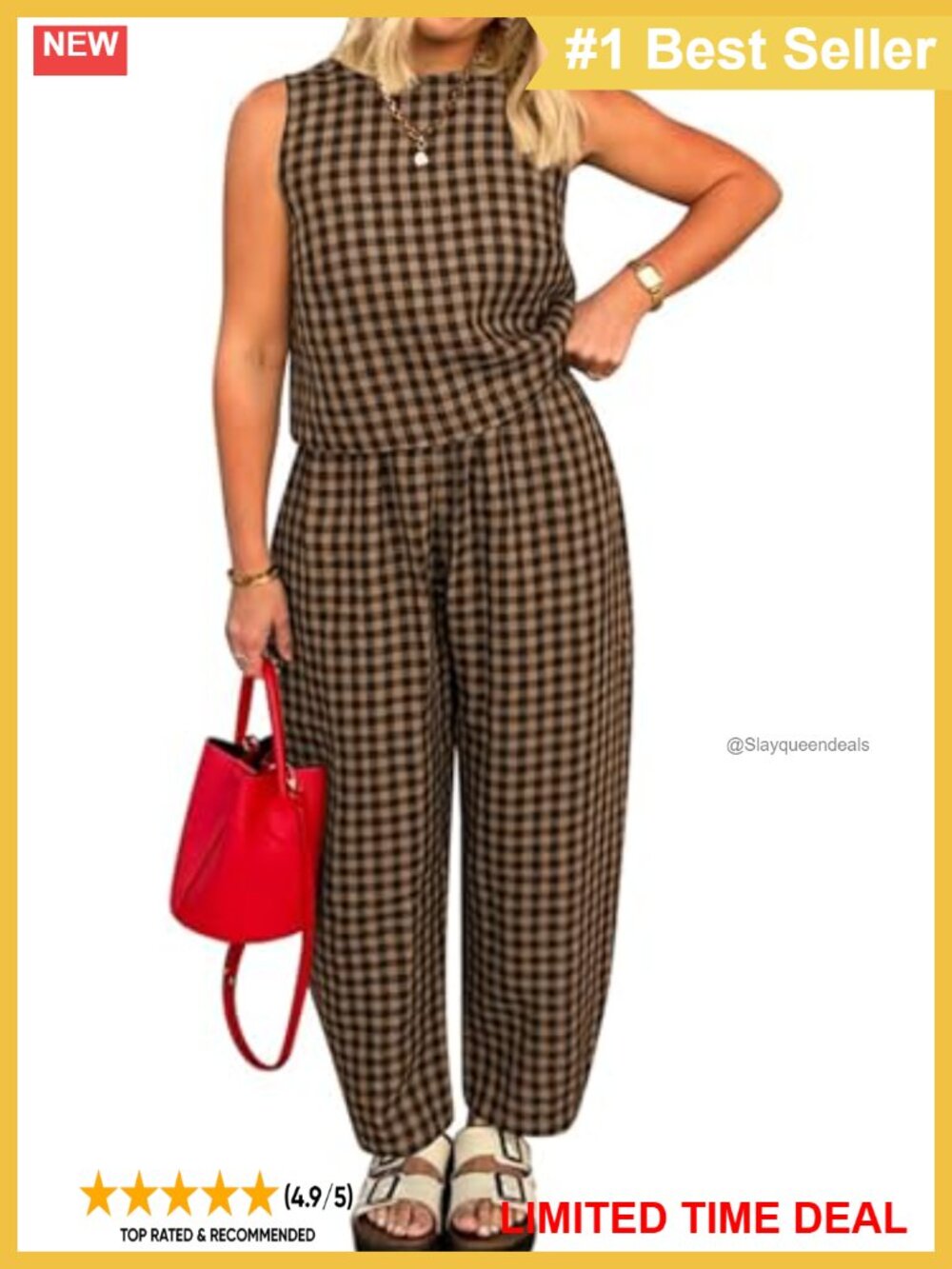 Plaid 2 Piece Vest and Wide Leg Pants Set Sleeveless Tank Top Tracksuit Lounge
